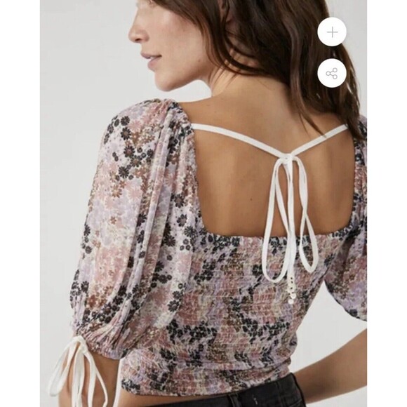 Free People Back on Top Crop Smocked Shirt Blouse Puff Sleeve Size M NWT - Picture 2 of 12